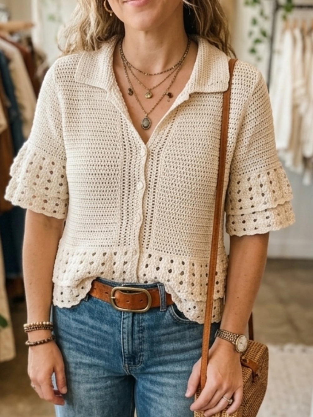 Boho Festival Cream Crochet Cardigan Ruffle Hem Short Sleeve Sweater